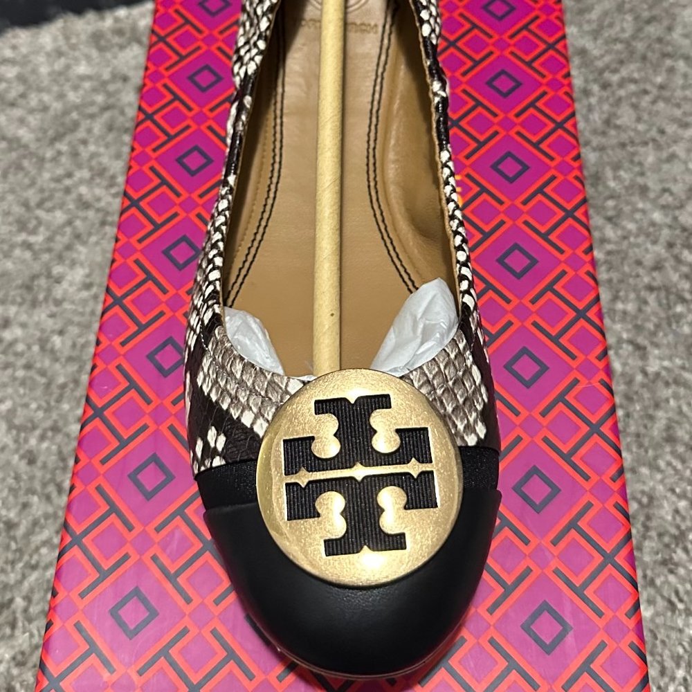 Tory Burch Stamped Snake Printed Leather Cap-toe Ballet Flats Size 7 New w/Box